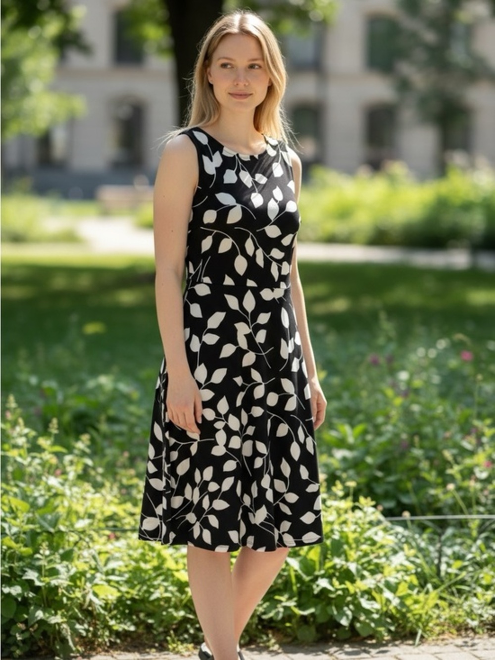 Talbots Black and White Leaf-Print Sleeveless Midi Dress